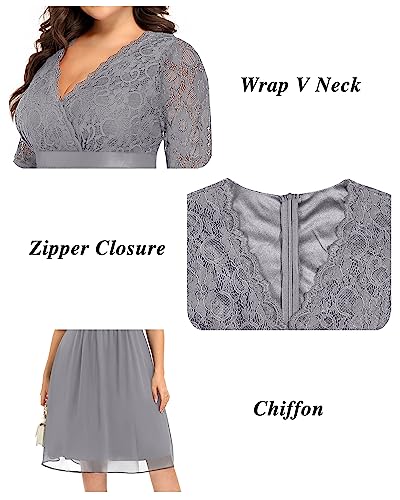 Image of Pinup Fashion Plus Size Lace Chiffon Wrap V Neck Dresses Women Cocktail Wedding Guest Midi Dress