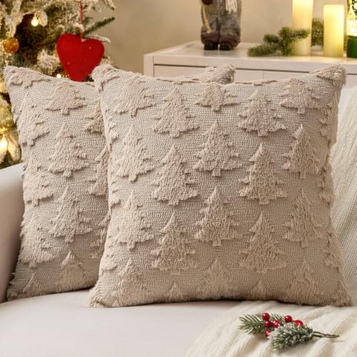 Image of MIULEE Christmas Throw Pillow Covers Light Brown Christmas Decorations Set of 2 Xmas Tree 18x18 Pillow Covers Soft Plush Faux Wool Pillowcases Holiday Festivals Winter Home Decor Sofa Couch Bed Porch