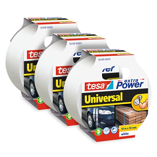 tesa extra Power Universal - Extra sterk klevende ducttape - Textieltape voor universeel gebruik - Wit - Set van 3 Rollen - 50 mm x 10 m, Wit