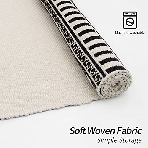 Mitovilla Black White Small Boho Bathroom Rug 2'X3', Vintage Kitchen Area Runner Rugs, Cream Tassel Boho Rug For Bedroom, Beige Farmhouse Geometric Throw Rug, Tribal Washable Bohemian Bath Mat #TOP5