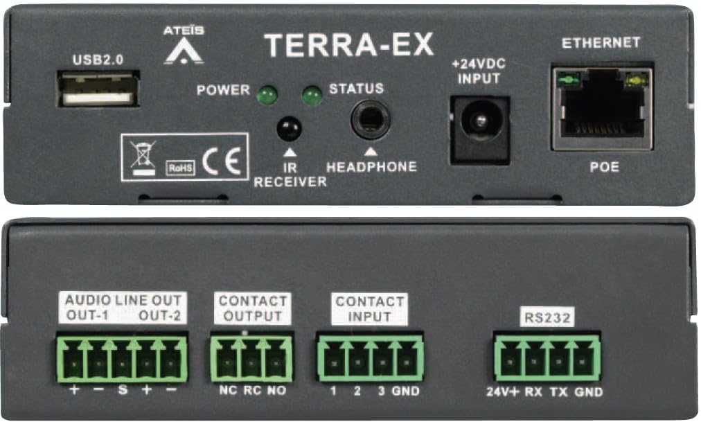 Terra-EXII IP Audio Decoder, 2 Balanced Independent Line Outputs, 1 Headphone Output On Mini-Jack, Power & Status LED, 3 Control Inputs, Ethernet Interface Including POE (Power Over Ethernet)