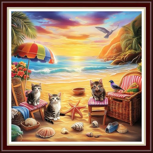 Image of Joyhoor Cross Stitch Kits for Beginners Stamped Cross-Stitch Supplies Needlework preprint Embroidery Kits for Adults DIY Needlepoint Kit Embroidery Patterns 11CT-Beach Cat Scenery 18x18 inch