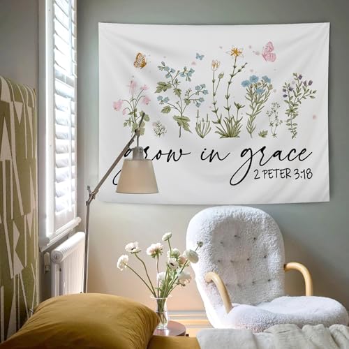 AQYIP Floral Christian Tapestry Wall Hanging, Grow in Grace Butterfly Wildflowers Floral Tapestry Decorative, Bible Verse Wall Blanket Decor for Home Living Room Bedroom, 50x60 Inch