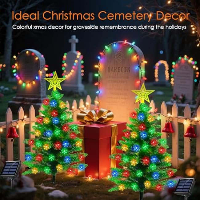 2 Pack 3.6Ft Solar Christmas Tree with 100 Snowflake Lights, Waterproof Christmas Decorations Outdoor, Solar Christmas Lights Outdoor Xmas Tree for Yard, Pathway, Porch, Cemetery, Holiday Decor