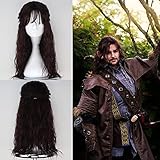 Kili Cosplay Wigs for Men Long Kinky Curly Dark Brown Synthetic Costume Wig with Bangs Natural Wavy Fiber Hair with Ponytail for Boy Halloween Daily Use