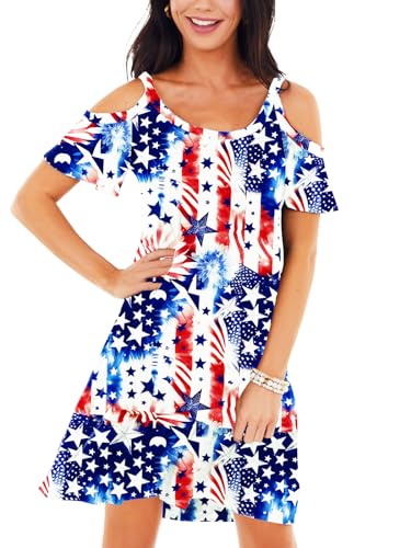 Image of Deerose Womens 4th of July Dresses Cold Shoulder American Flag Tie Dye A-Line Dress with Pockets