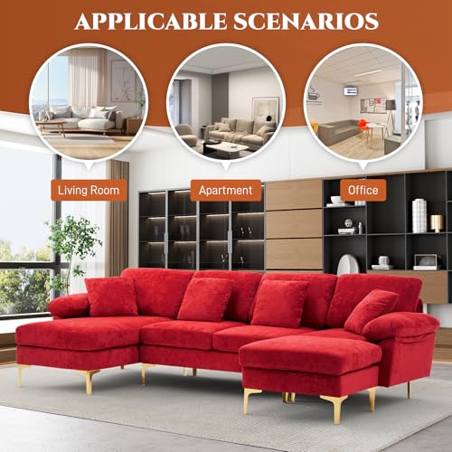 Image of OUYESSIR U-Shaped Sectional Sofa Couch, 4 Seat Sofa Set for Living Room, Convertible L-Shaped Velvet Couch Set with Chaise Lounge, Ottoman and Pillows,114 inches (Red)