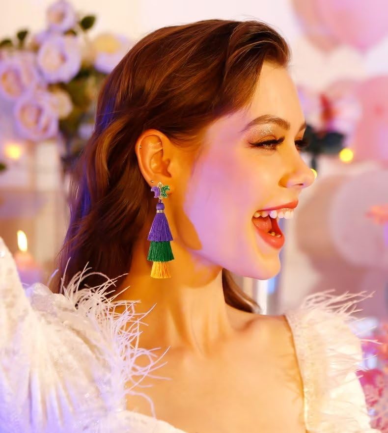 Blue Drop Mardi Gras Earrings for Women Carnival Theme Tassel Mask Lips Hat Lobster Modelling Earrings Mardi Gras Acrylic Earring Carnival Jewelry Gifts - Image 4
