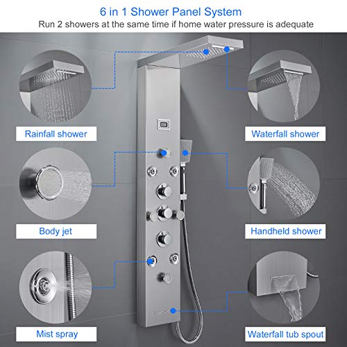 Rovogo 4 Body Jets And 4 Mist Spray Shower Panel, Rainfall Waterfall Shower Column Tower With Handheld, Tub Spout And Water Temperature Display, 304 Stainless Steel Shower Panel Brushed #TOP1