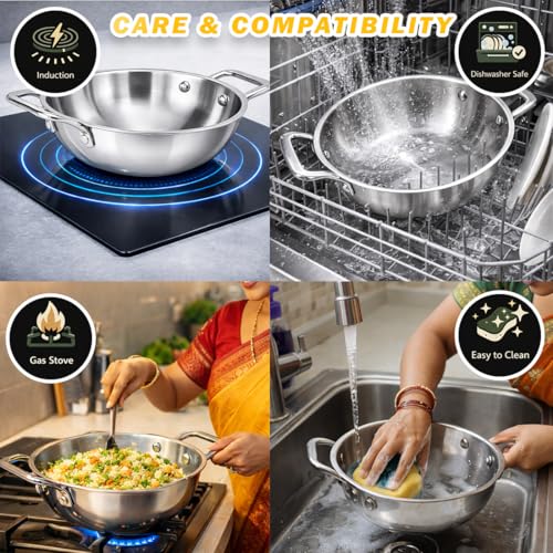 Image of TUNIS 24 Cm Triply Stainless Steel Kadai with Lid | Dual Handles Deep Kadhai Wok for Frying, Cooking, Sabzi, Curries & Indian Kitchen