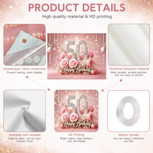Image of Nuxovilar 50th Birthday Banner - Elegant Pink & Gold Floral Backdrop