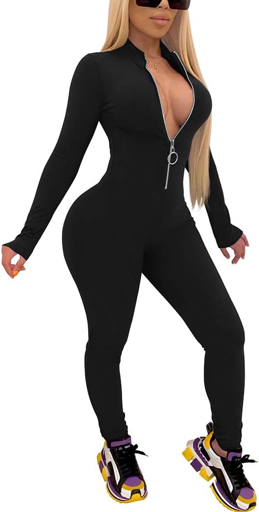 XXTAXNWomen's Sexy Bodycon Long Sleeve V Neck Zipper Jumpsuit Rompers