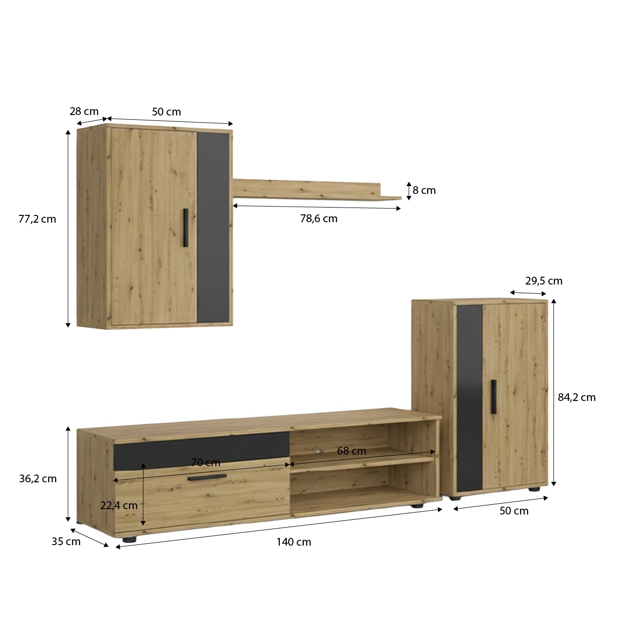 duehome | Mueble de Salón, Composición Modular de TV, Modelo: Lunet 190, Acabado en Alpino y Negro, Medidas: 140 cm (Largo) x 35 cm (Fondo) x 36,2 cm (Alto)