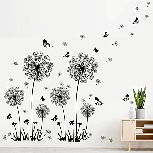 decalmile Dandelion Wall Decals Flying Flowers Butterflies Wall Art Stickers Bedroom Living Room TV Background Home Decor (2 Pack) - Image 3