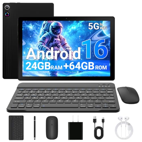 Image of Android 16 Tablet 10 Inch, 24GB RAM 64GB ROM 1TB, Octa-Core 1280x800HD IPS, Fast WiFi 6, BT 5.4, 6000mAh Battery, Dual Cameras, GMS, Electronics Tablets with Keyboard for Kids & Adults, Black