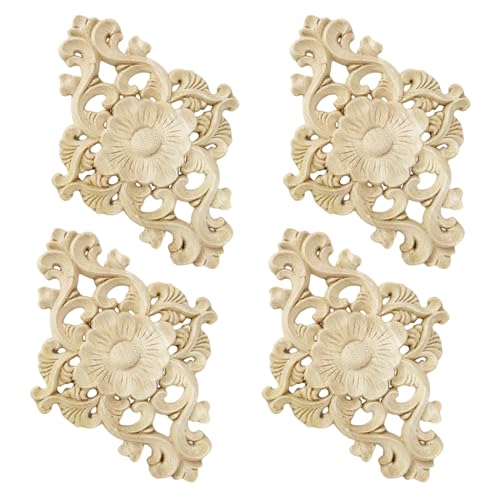 FRUHLING 4 adornos de madera tallados para muebles, apliques de tallado, adornos de madera sin pintar, para muebles, pared, armario, puerta, decoración DIY hecho a mano