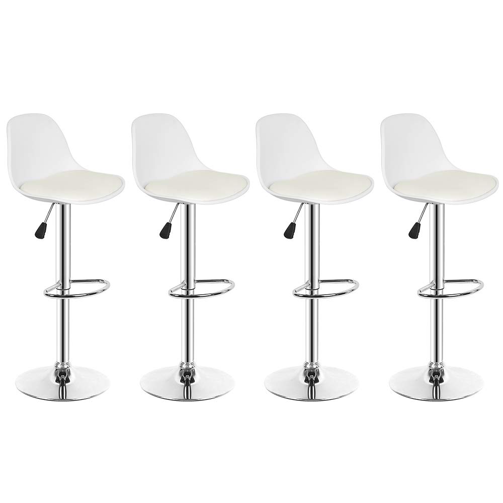 Set of 4 bar stools with backrest and footrest, height adjustable and 360° swivel, kitchen bar chairs, plastic, sturdy and ultra silent-white-4 pieces