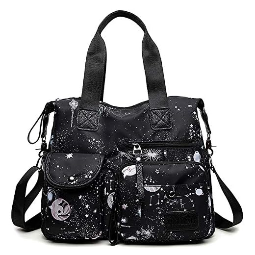 Women's Lightweight Floral Top Handle Handbag Multi-pockets Nylon Work Totes Water Resistant Travel Crossbody Shoulder Bag (Floral Black)