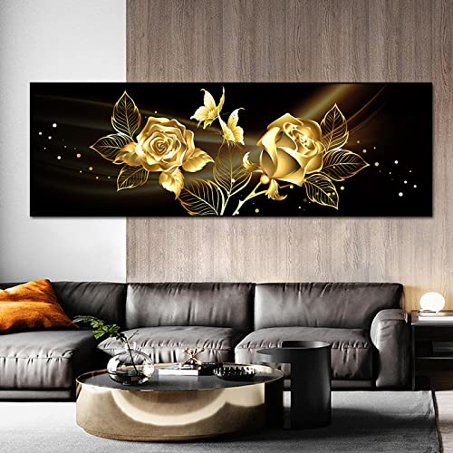 Peinture sur toile rose dorée noire papillon | Tableau mural salon moderne 80x240