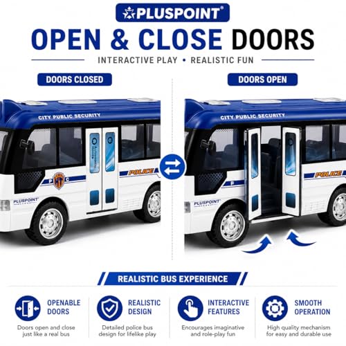 Image of PLUSPOINT Police Bus for Kids Friction Toy with Lights Sounds Push and Go Rescue with Door Open Simulation Toy Vehicle for Kids SWAT Bus Pretend Play Cop Toy for Boy Girl Toddlers