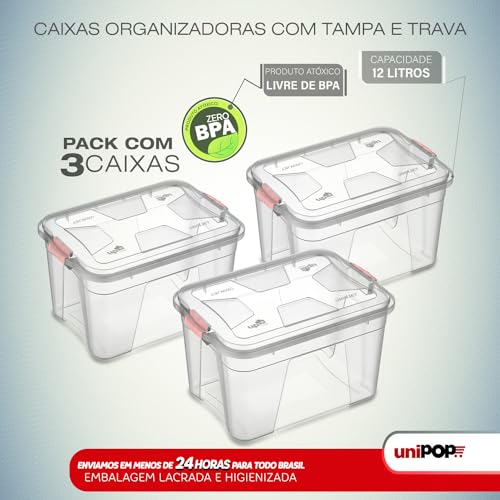 KIT COM 3 CAIXA ORGANIZADORA 12L TRANSPARENTE