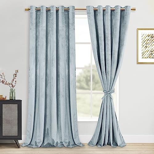 DWCN Velvet Curtains Extra Wide - Stone Blue Super Soft Luxury Tieable Grommet Window Treatments Room Darkening Privacy Protect Blackout Drapes for Bedroom Living Room Home Decor,W60 x L84, 2 Panels