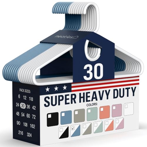 Neaties Super Heavy Duty Clothes Hangers 30 Pack – Made in the USA - 10lb Capacity, Thick Plastic Hangers for Pants, Coats, Jackets, Jeans and Adult Clothing – White & Blue