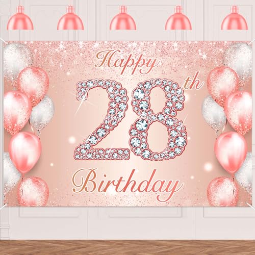 Image of Happy 28th Birthday Rose Gold Banner Cheers to 28 Years Old Backdrop Confetti Balloons Theme Decor for Women 28 Years Old Pink Birthday Party Decorations Bday Supplies Background Favors Gift Glitter