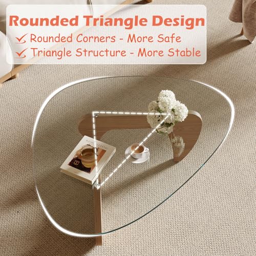 Image of Modern Coffee Table for Living Room and Small Spaces, 35.6 inch x 25.4 inch x 15.8 inch Triangle Tempered Glass Table Top and Solid Wood Base, Natural Wood