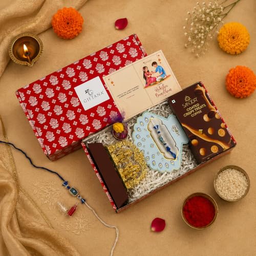 Image of Giftana Raksha Bandhan Gift Set for Brother Evil Eye Rakhi, Ganesh Ji and Laxmi Ji Idol, Rakhi Greeting Card Set, Raksha Bandhan Gift Combo for Bhai & Bhaiya