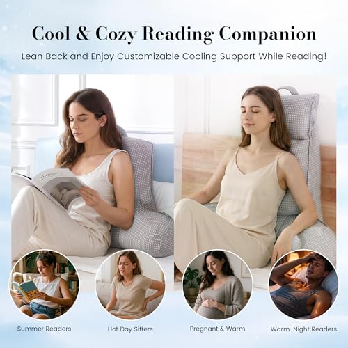 Amélie Home Premium Cooling Waffle Reading Pillow, Qmax>0.37 Ergonomic Backrest Support with Pocket & Handle, Breathable Lounging Pillow for Bed Sofa Floor Summer, 17 Inches, Grey