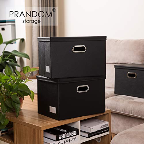 Prandom Large Collapsible Storage Bin With Lid [1-Pack] Leather Fabric Foldable Storage Box Organizer Containes Basket Cube With Cover For Home Bedroom Closet Office Nursery Black (17.7X11.8X11.8) #TOP1