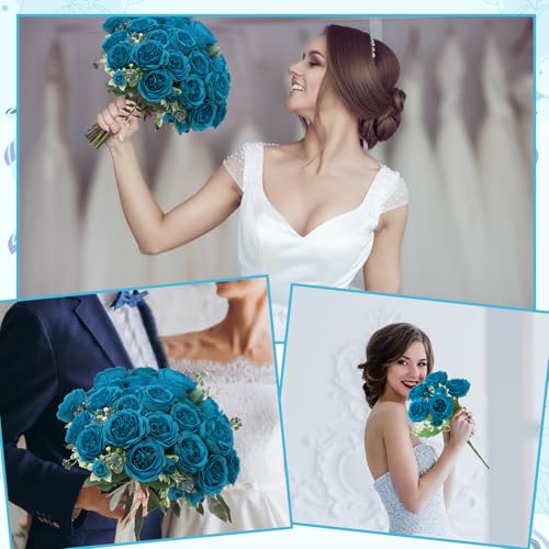 Image of 8 Pack Teal Peonies Artificial Flowers, Faux Floral Fake Silk Hydrangea Bouquet for Bridal Wedding Home Table Decor Reusable Dining Opening Ceremony Birthday Arrangement