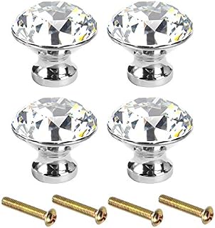 Fodlon Drawer Handles Crystal Diamond Shape Clear 4pcs Knobs for Chest of Drawers Silver Pull Handle Vintage Kitchen Door Handles with Screws for Cabinet Wardrobe Cupboard Furniture Home Decorating