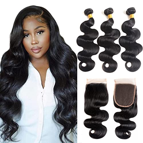 Body Wave 3 Bundles with Closure 100% Unprocessed Brazilian Body Wave Human Hair Bundles with 4x4 Lace Closure Natural Color (20 22 24+18, Bundles with Closure)