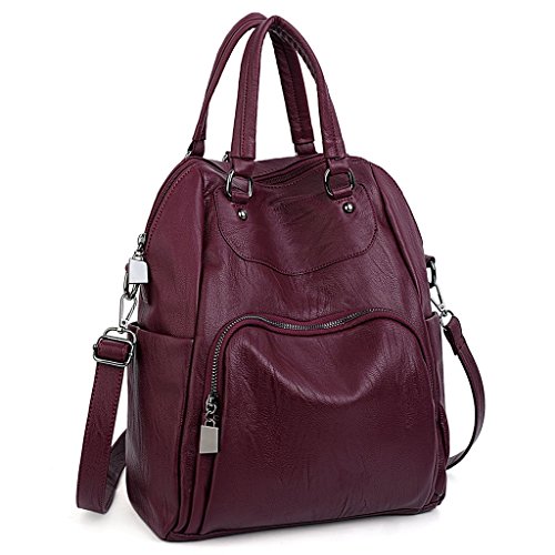 UTO Women Backpack Purse PU Washed Leather Convertible Ladies Rucksack Crossbody Shoulder Bag Red