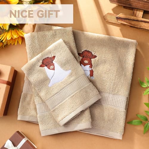 Hillsuren 3-teiliges Highland Cow Badezimmer-Handtuch-Set, Bauernhaus, Bestickt, Hochlandkuh, Handtücher, Vintage, dekorativ… – Ansicht 6
