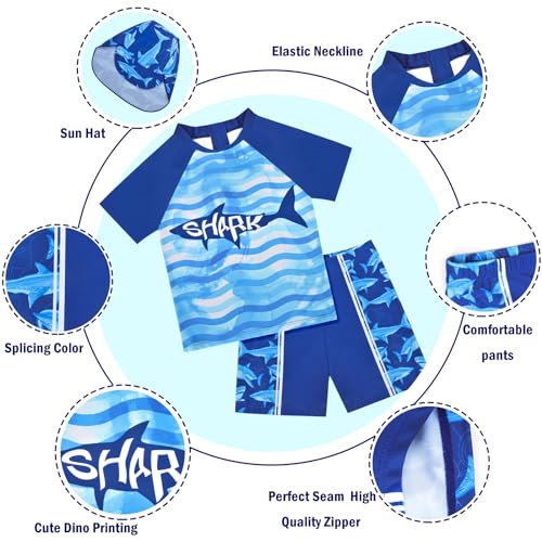 Image of Boys Two Piece Rash Guard Swimsuits Kids Short Sleeve Swimwear Sets Bathing Suit with Sun Hat for 2-6 Years