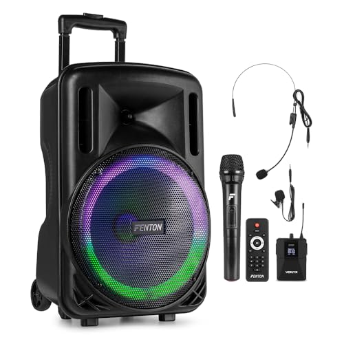 Fenton FT12LED MK2 Portable PA System 12 Bluetooth Speaker with Wireless Handheld and Headset Microphones, Built-in LED Lights & Rechargeable Battery for Indoor & Outdoor Events, 700W
