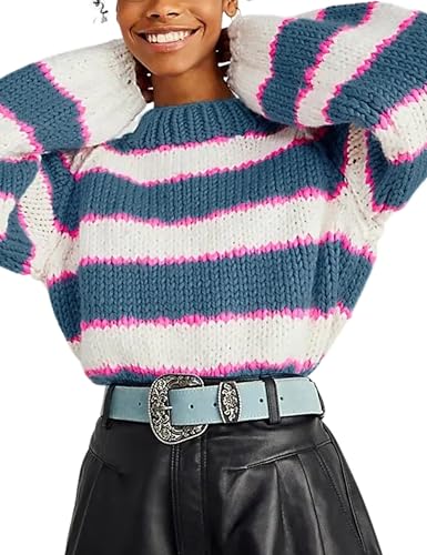Image of Yeokou Women Stripe Pullover Sweater Turtleneck Ribbed Knit Top Casual Fall Winter Chunky Knitwear