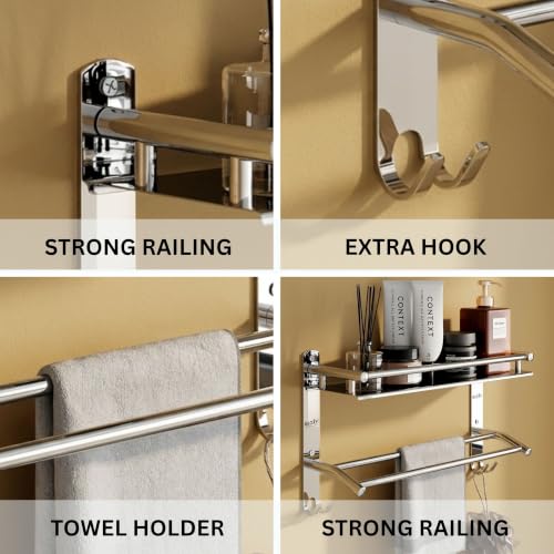 Image of GLOXY Premium Washroom Storage Organizer Rack Shelf with Bathroom Towel Hanger 15 inch -Combo Pack of 3 Stainless Steel Chrome Finish Heavy Bathroom Fittings Accessories Set for Home, Office & Hotel