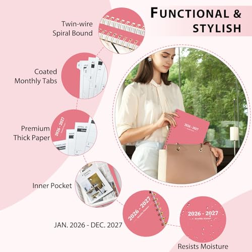 Ymumuda 2026 Planner-2 Year Monthly Planner 2026-2027, JAN.2026 - DEC.2027, 8.5" x 11", 26-27 Monthly Calendar,Large Planner with Spiral Bound, 24 Months Perfect for School Office Schedule - Pink
