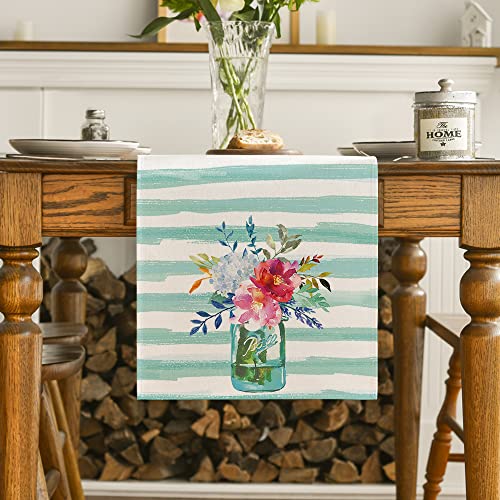 Artoid Mode Watercolor Stripes Flower Vase Summer Table Runner, Seasonal Spring Holiday Kitchen Dining Table Runner For Home Party Decor 13 X 72 Inch #TOP1