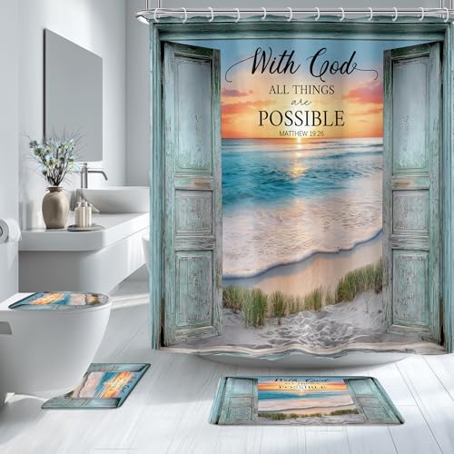Riyidecor Barn Door Bible Verse 4Pcs Bathroom Shower Curtain Sets