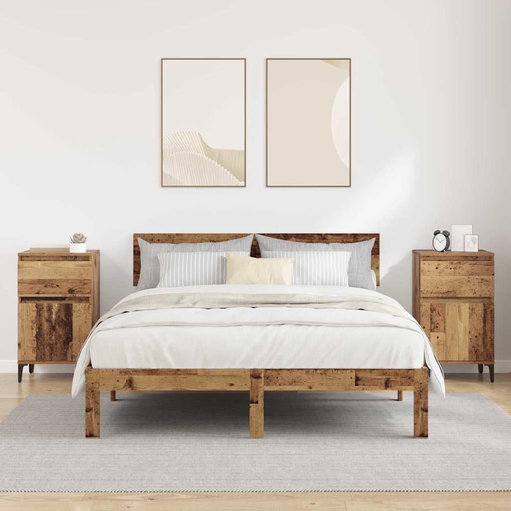 Juego de 2 mesitas auxiliares de madera con aspecto de madera envejecida | Mesas auxiliares compactas para el dormitorio con patas de acero resistentes y práctico cajón de diseño industrial.