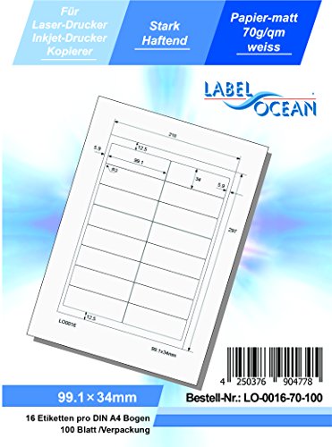 LabelOcean (R) 0016  70  100  Etiquetas universales, 100 hojas, 70 g/m², papel de gran calidad