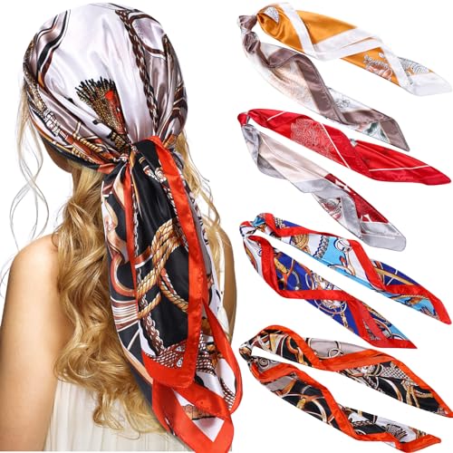 Hicarer 4 Pcs 35 Inch Silky Head Scarf Large Square Neck Scarf Sleeping Hair Wrapping Satin Scarf for Women