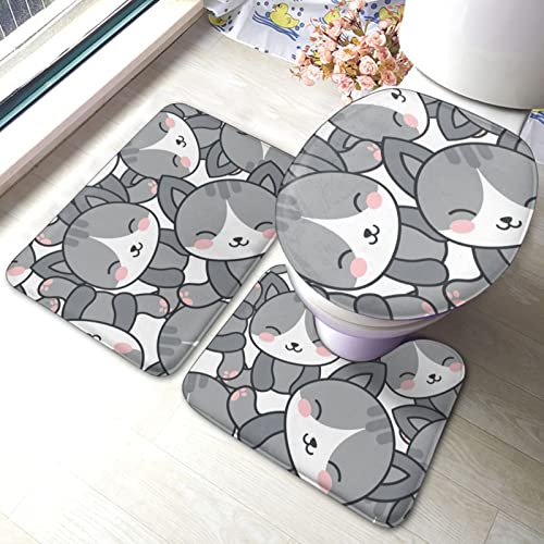 DIRYKILP Badematte + Konturmatte + Toilettendeckelbezug, Shy Little Grey Cat 3 Stück Badematte Set, mit rutschfester Klebeunterseite