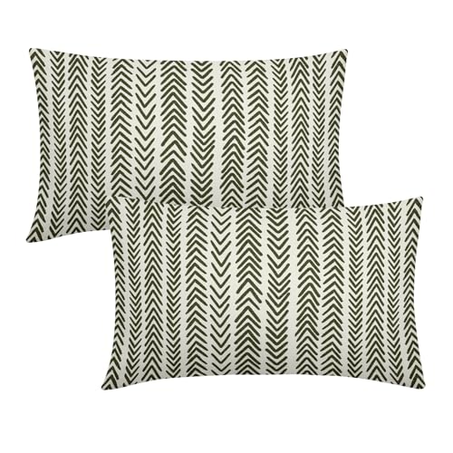 Olive Green Herringbone Pillow Covers 12x20 Inch Set of 2 Navy White Boho Bohemian Ethnic Geometric Throw Pillows Modern Cotton Linen Cream Cushion...