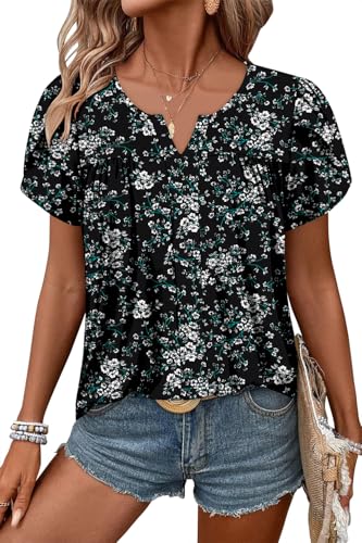 CRAZY GRID Womens Summer Tops Puff Short Sleeve Tshirt Summer Floral Boho Shirts Casual Tee Comfy Blouses